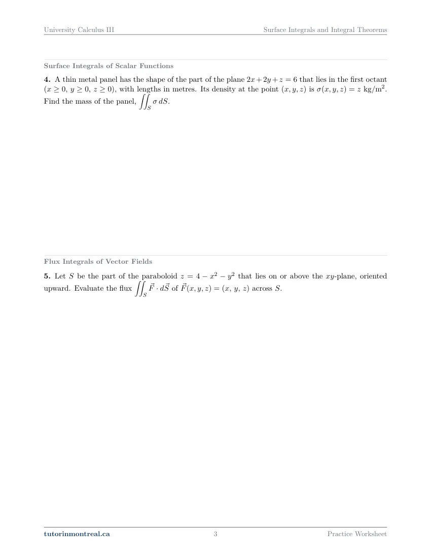 Page 3 of the University Calculus III Surface Integrals and Integral Theorems practice worksheet