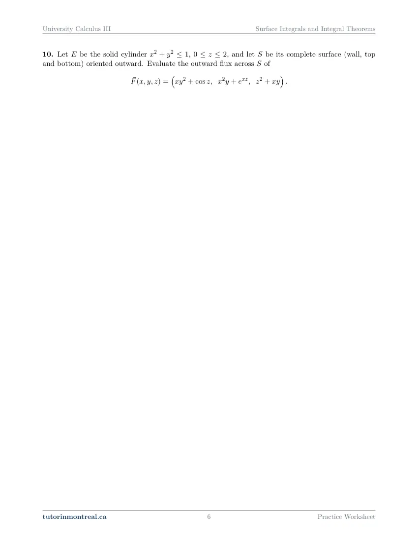 Page 6 of the University Calculus III Surface Integrals and Integral Theorems practice worksheet