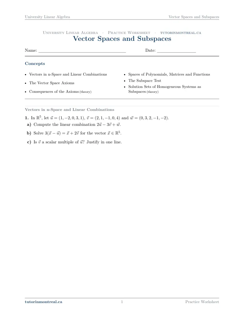 Page 1 of the University Linear Algebra Vector Spaces and Subspaces practice worksheet