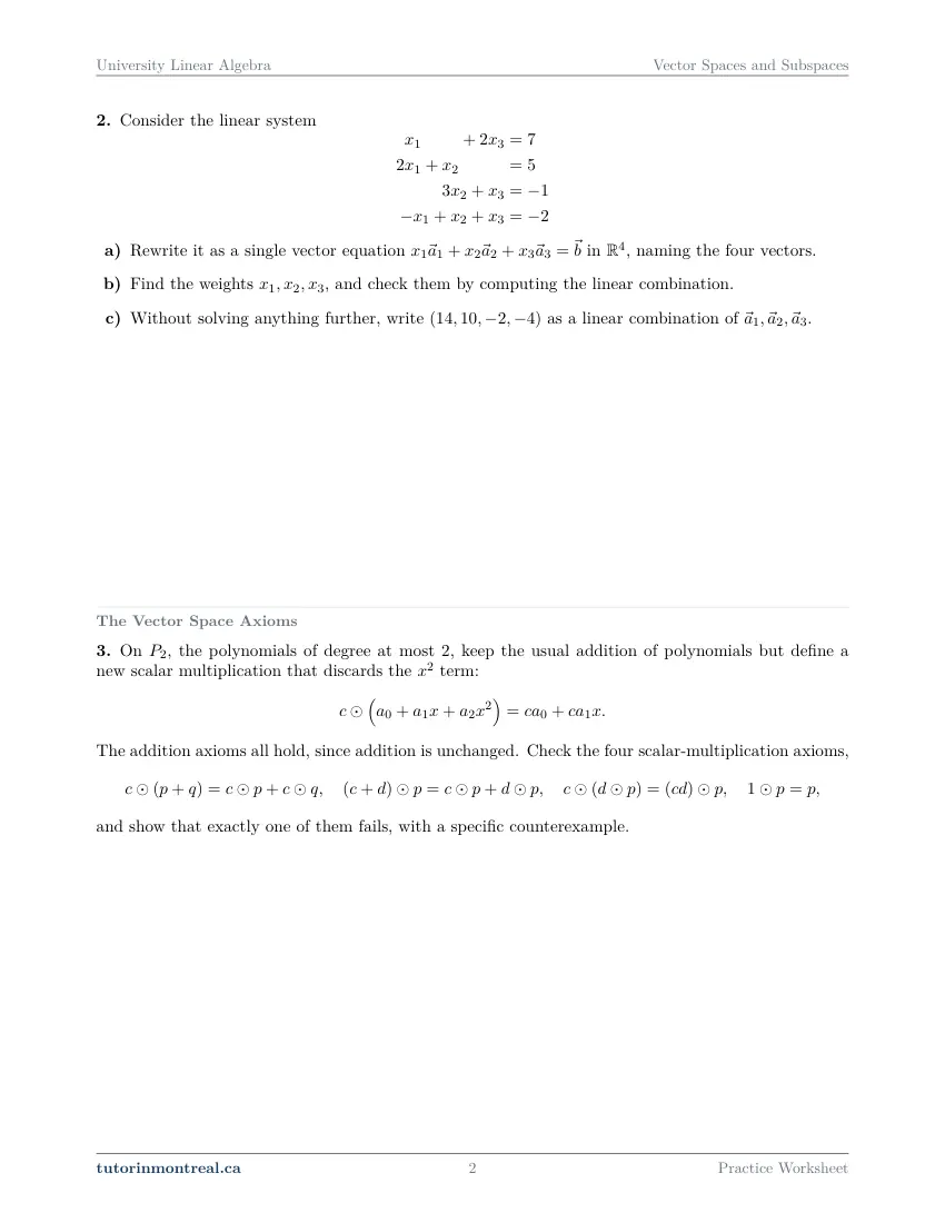 Page 2 of the University Linear Algebra Vector Spaces and Subspaces practice worksheet