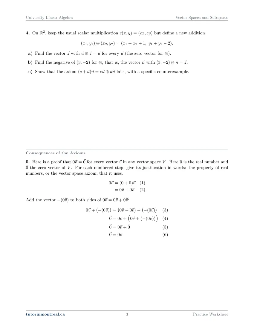 Page 3 of the University Linear Algebra Vector Spaces and Subspaces practice worksheet