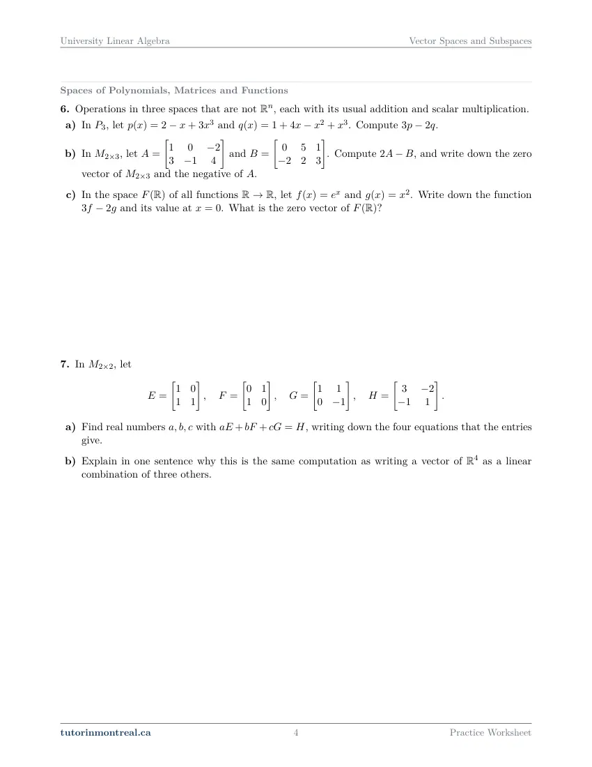 Page 4 of the University Linear Algebra Vector Spaces and Subspaces practice worksheet