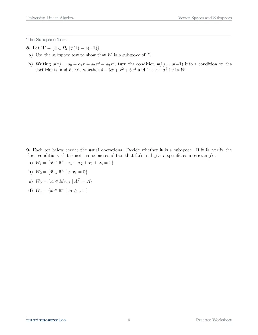 Page 5 of the University Linear Algebra Vector Spaces and Subspaces practice worksheet