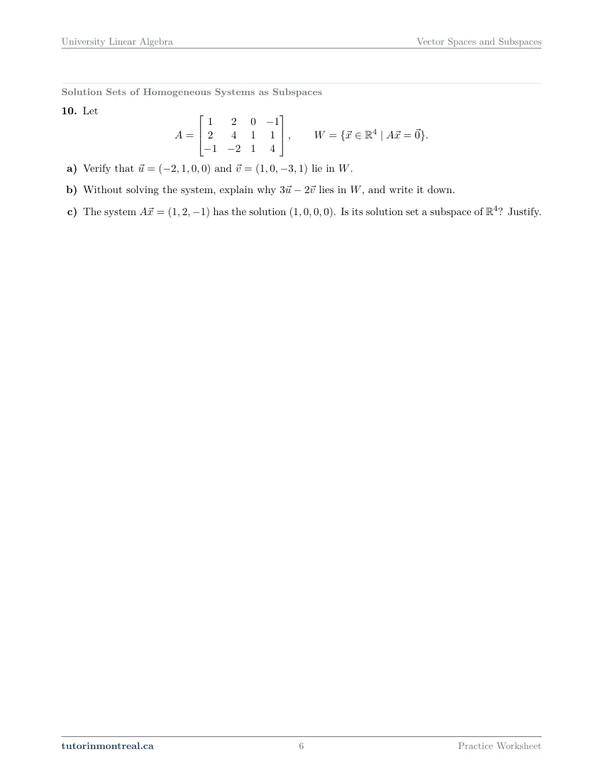 Page 6 of the University Linear Algebra Vector Spaces and Subspaces practice worksheet