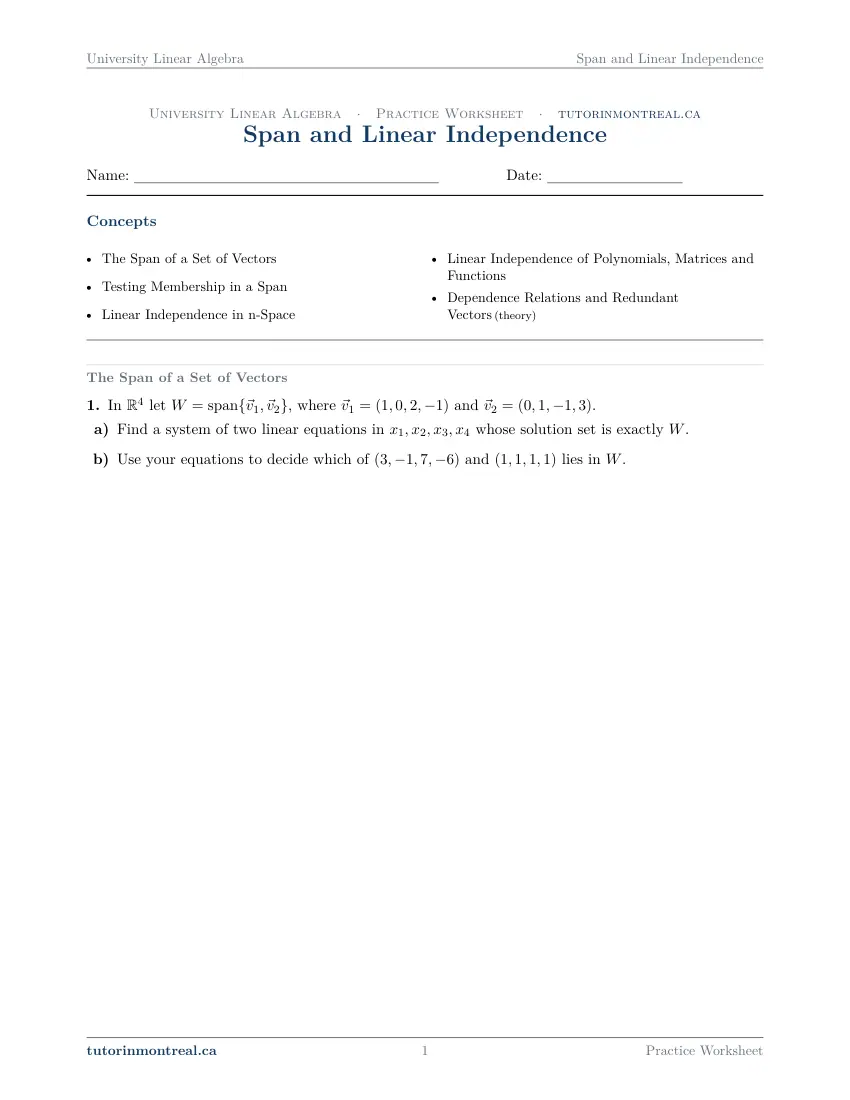 Page 1 of the University Linear Algebra Span and Linear Independence practice worksheet