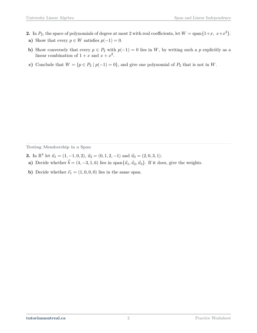 Page 2 of the University Linear Algebra Span and Linear Independence practice worksheet
