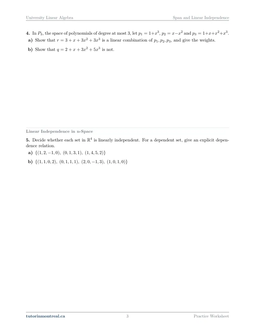 Page 3 of the University Linear Algebra Span and Linear Independence practice worksheet