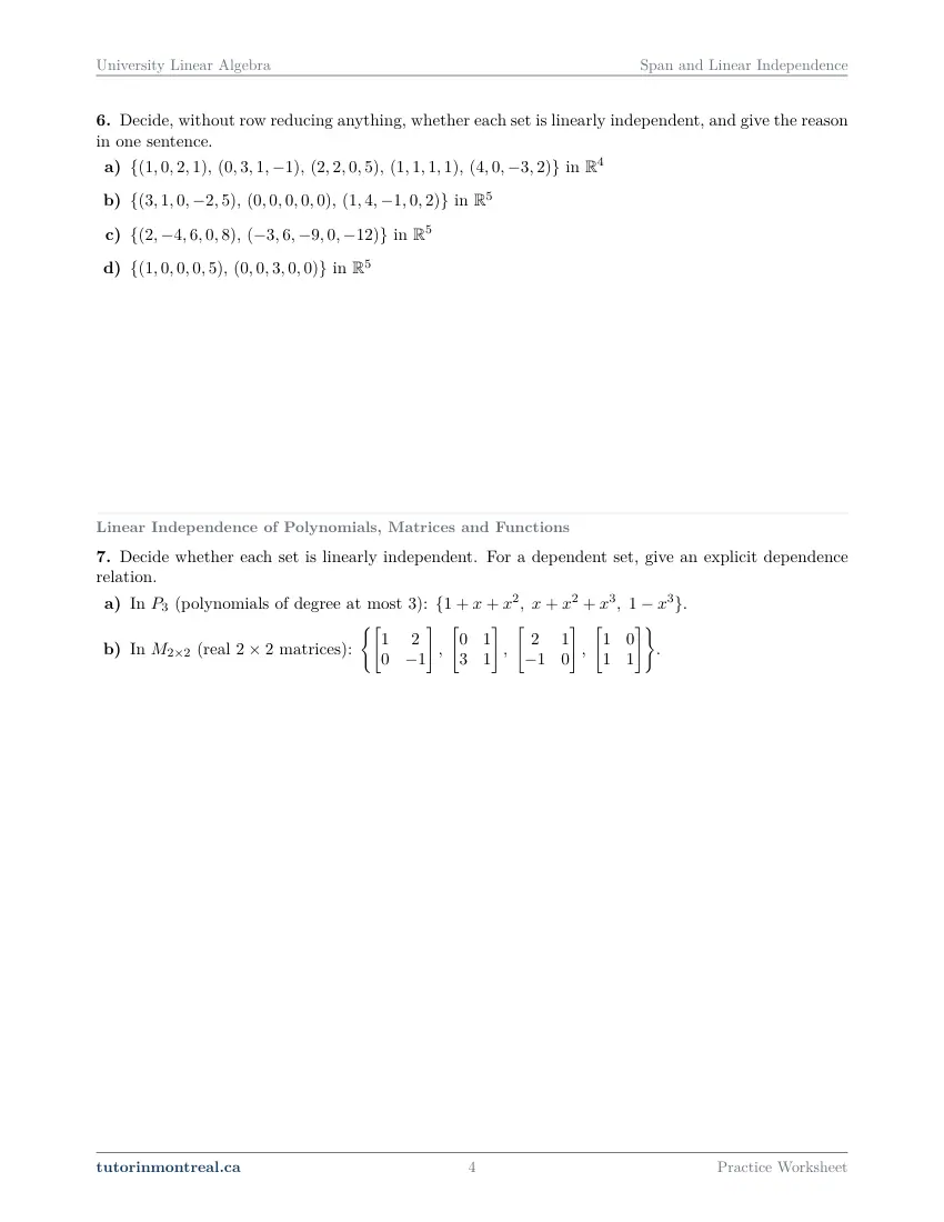 Page 4 of the University Linear Algebra Span and Linear Independence practice worksheet