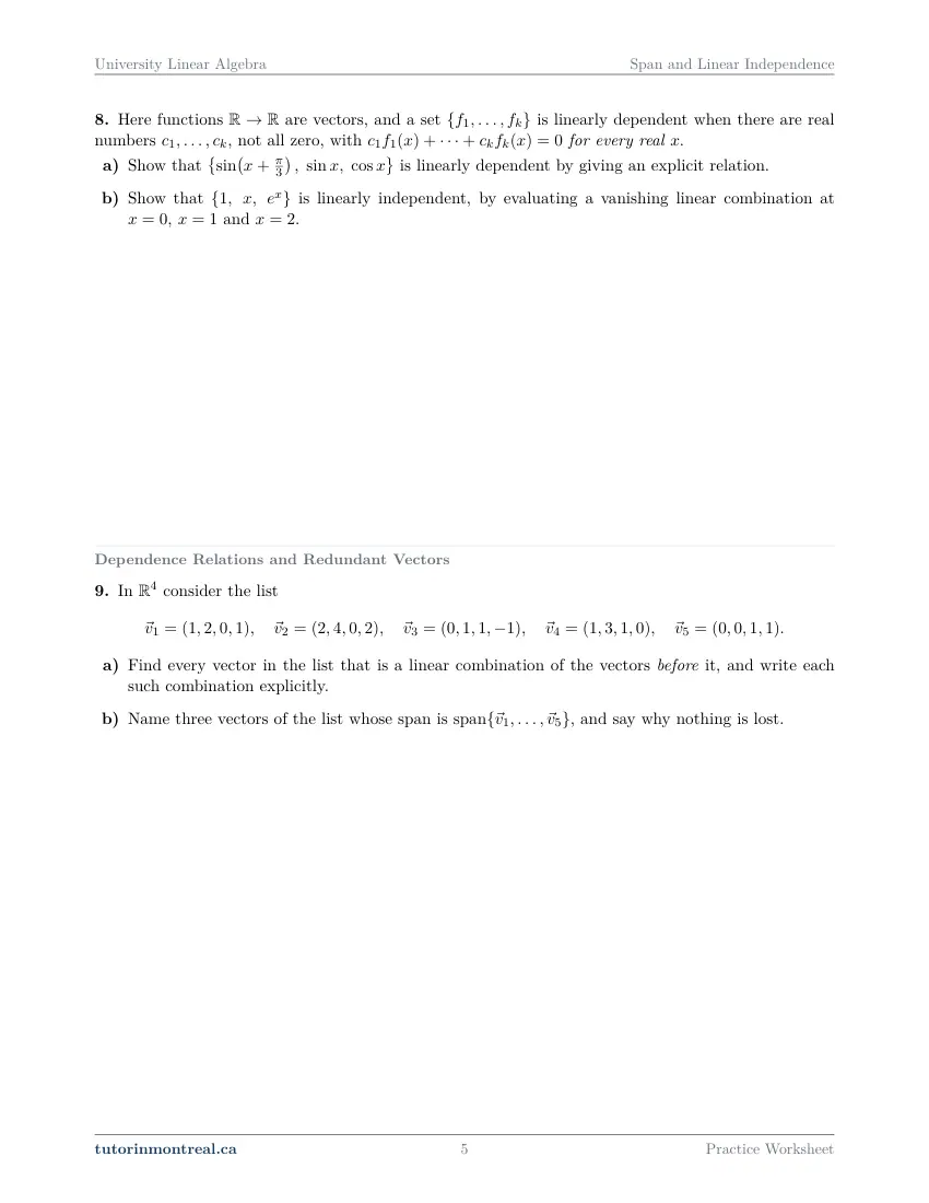 Page 5 of the University Linear Algebra Span and Linear Independence practice worksheet
