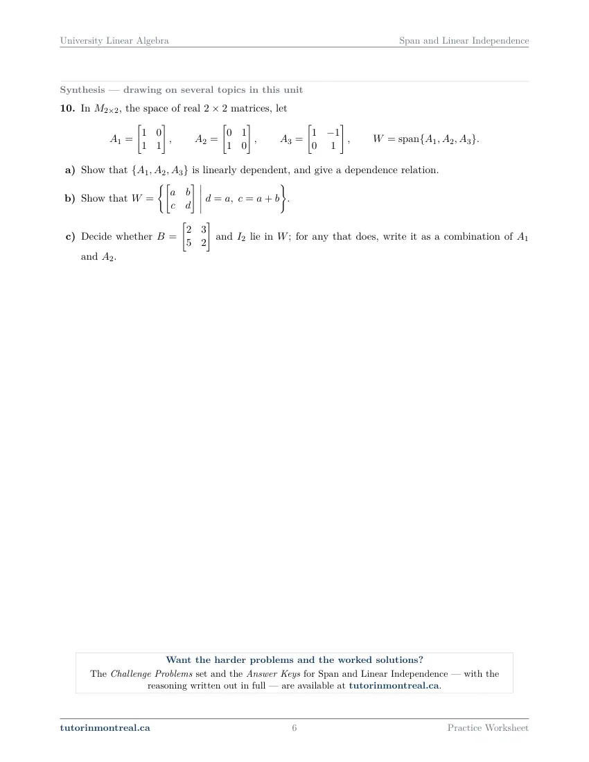 Page 6 of the University Linear Algebra Span and Linear Independence practice worksheet