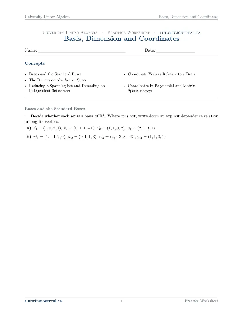 Page 1 of the University Linear Algebra Basis, Dimension and Coordinates practice worksheet