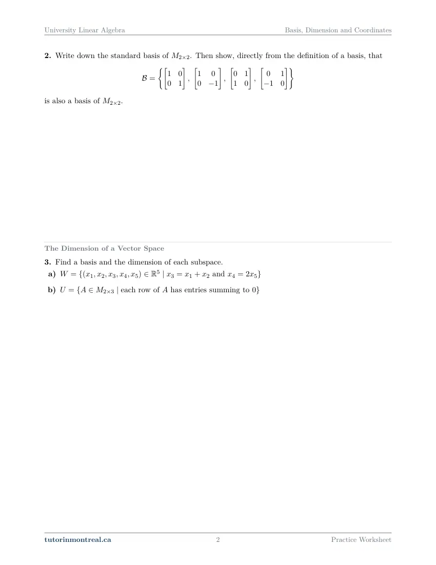 Page 2 of the University Linear Algebra Basis, Dimension and Coordinates practice worksheet
