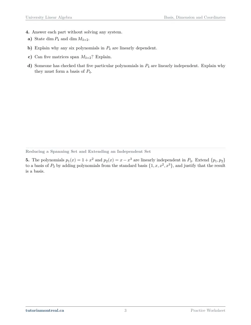 Page 3 of the University Linear Algebra Basis, Dimension and Coordinates practice worksheet