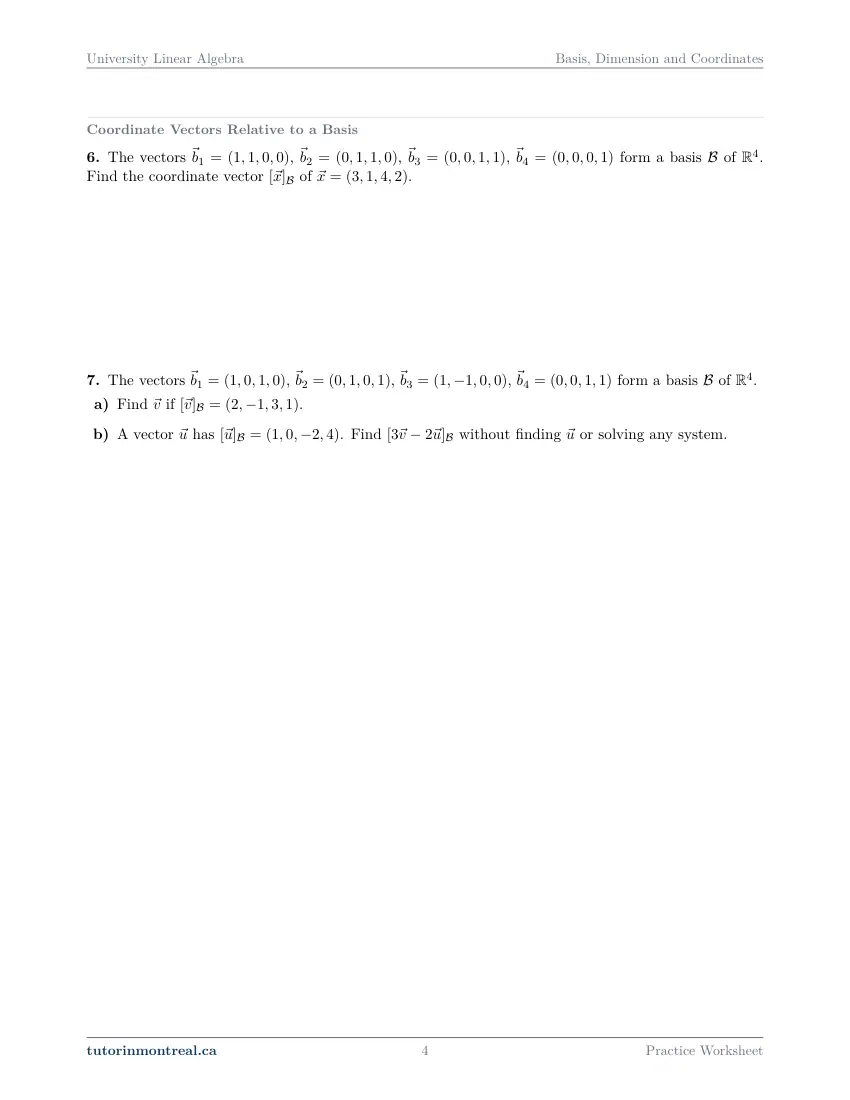 Page 4 of the University Linear Algebra Basis, Dimension and Coordinates practice worksheet