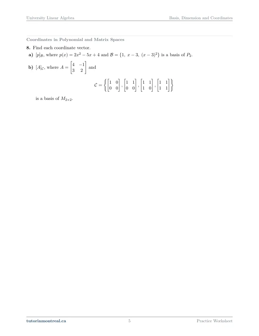 Page 5 of the University Linear Algebra Basis, Dimension and Coordinates practice worksheet