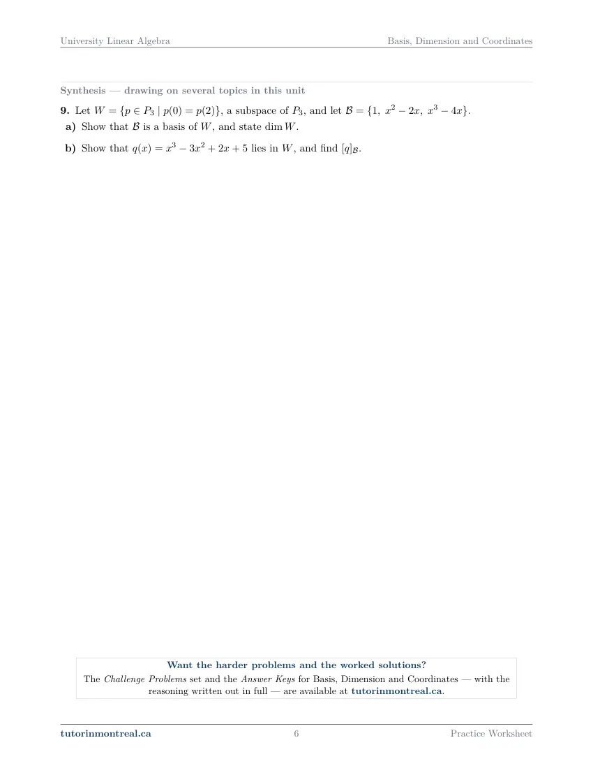 Page 6 of the University Linear Algebra Basis, Dimension and Coordinates practice worksheet