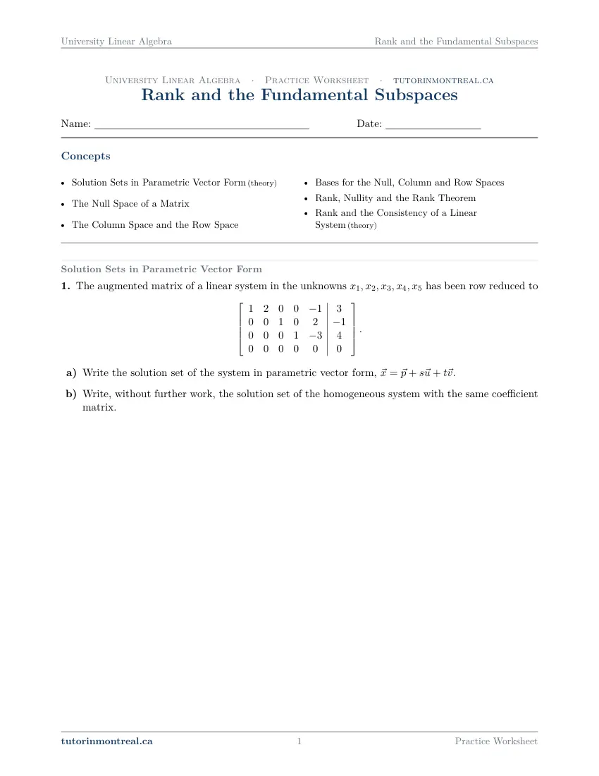 Page 1 of the University Linear Algebra Rank and the Fundamental Subspaces practice worksheet