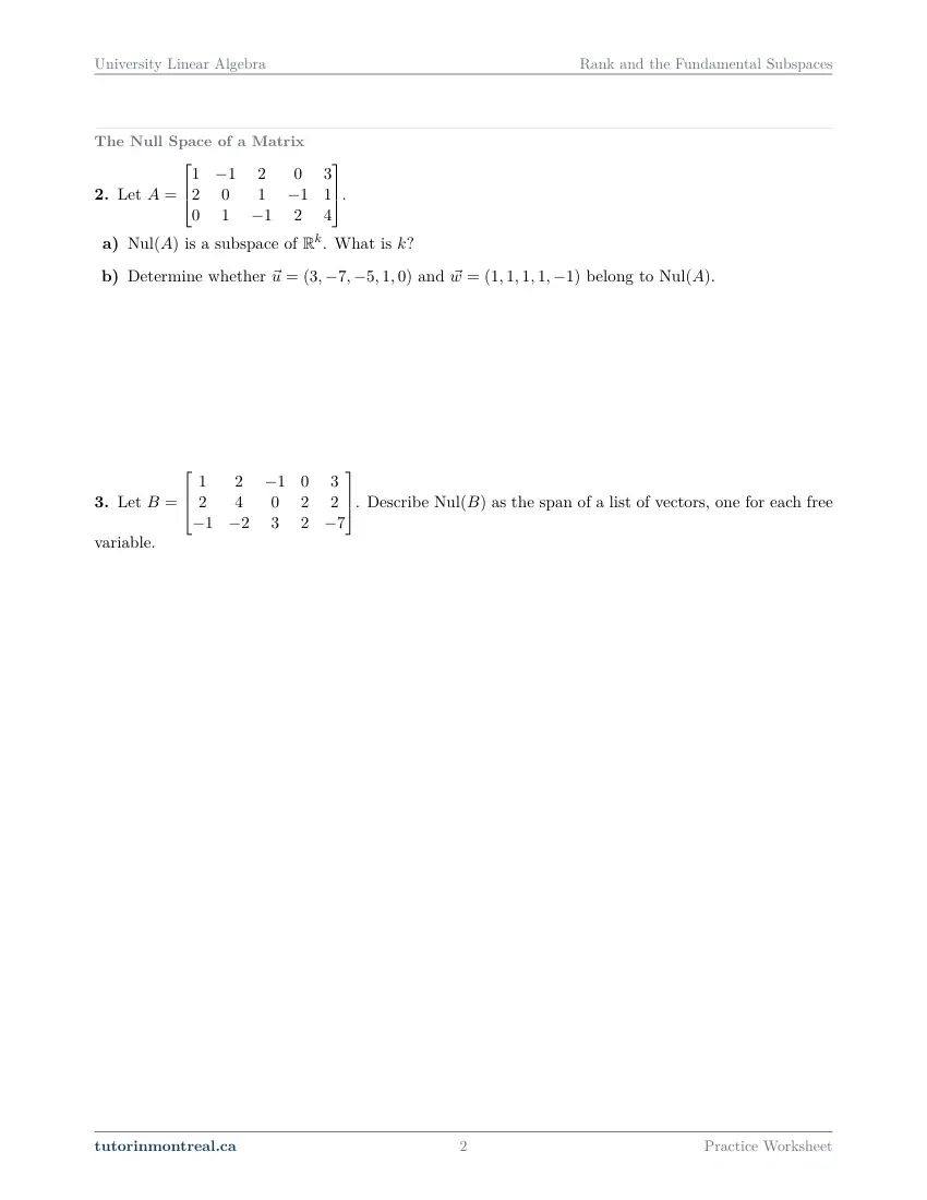 Page 2 of the University Linear Algebra Rank and the Fundamental Subspaces practice worksheet
