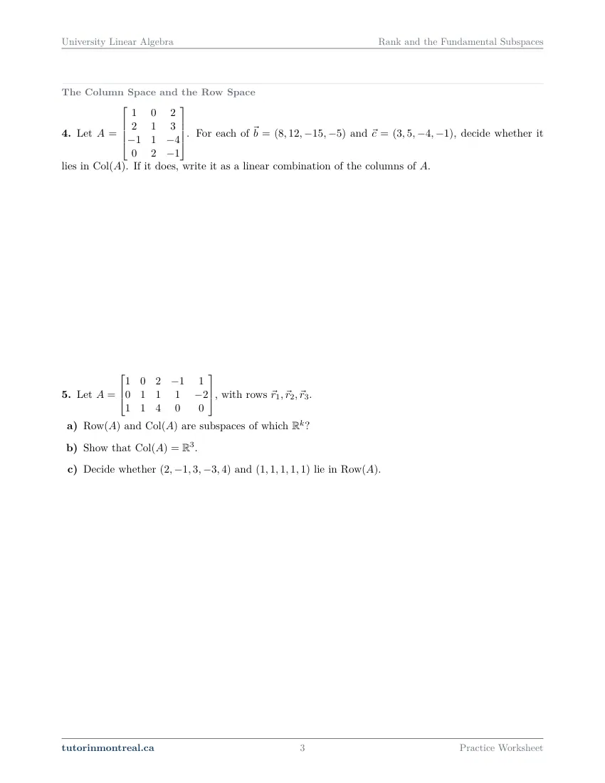 Page 3 of the University Linear Algebra Rank and the Fundamental Subspaces practice worksheet
