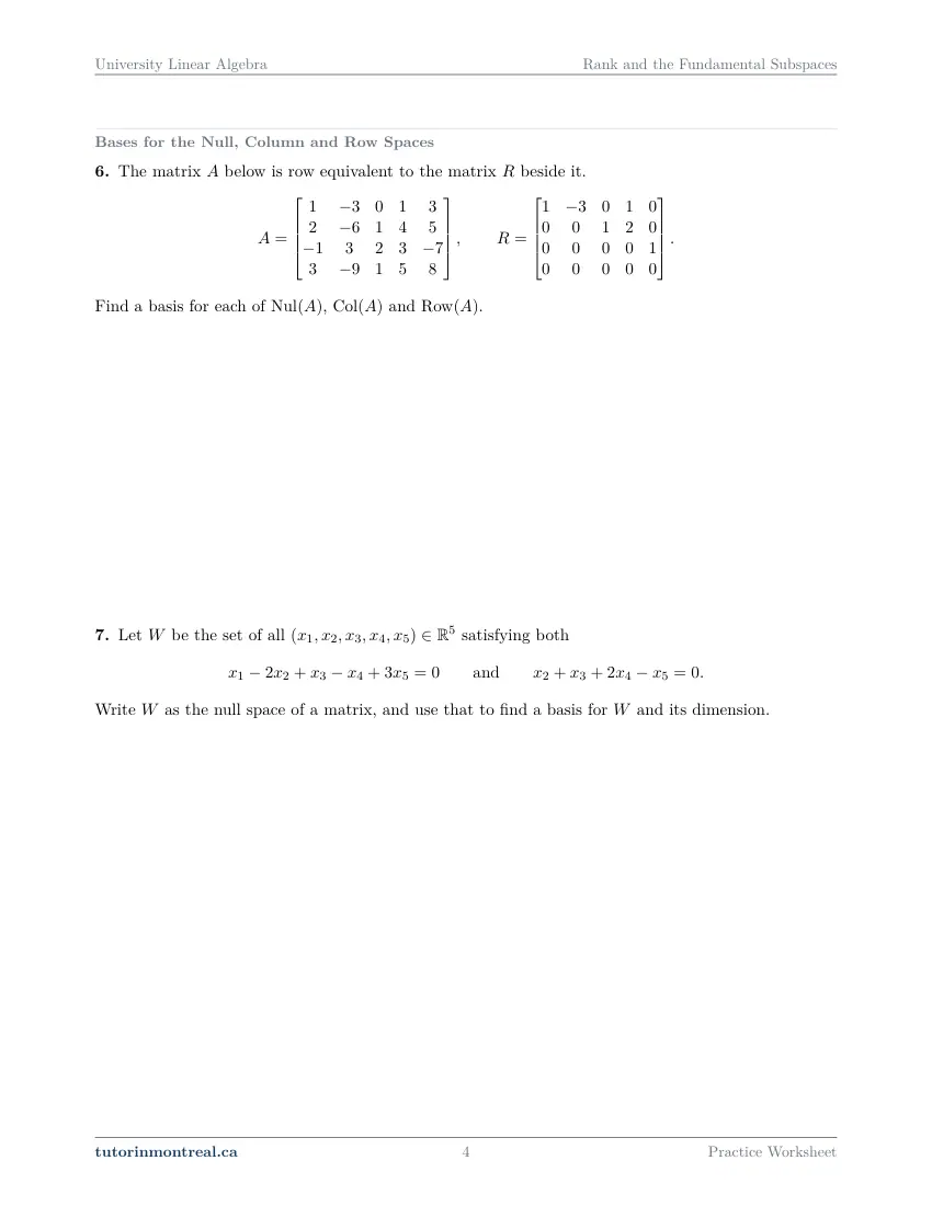 Page 4 of the University Linear Algebra Rank and the Fundamental Subspaces practice worksheet