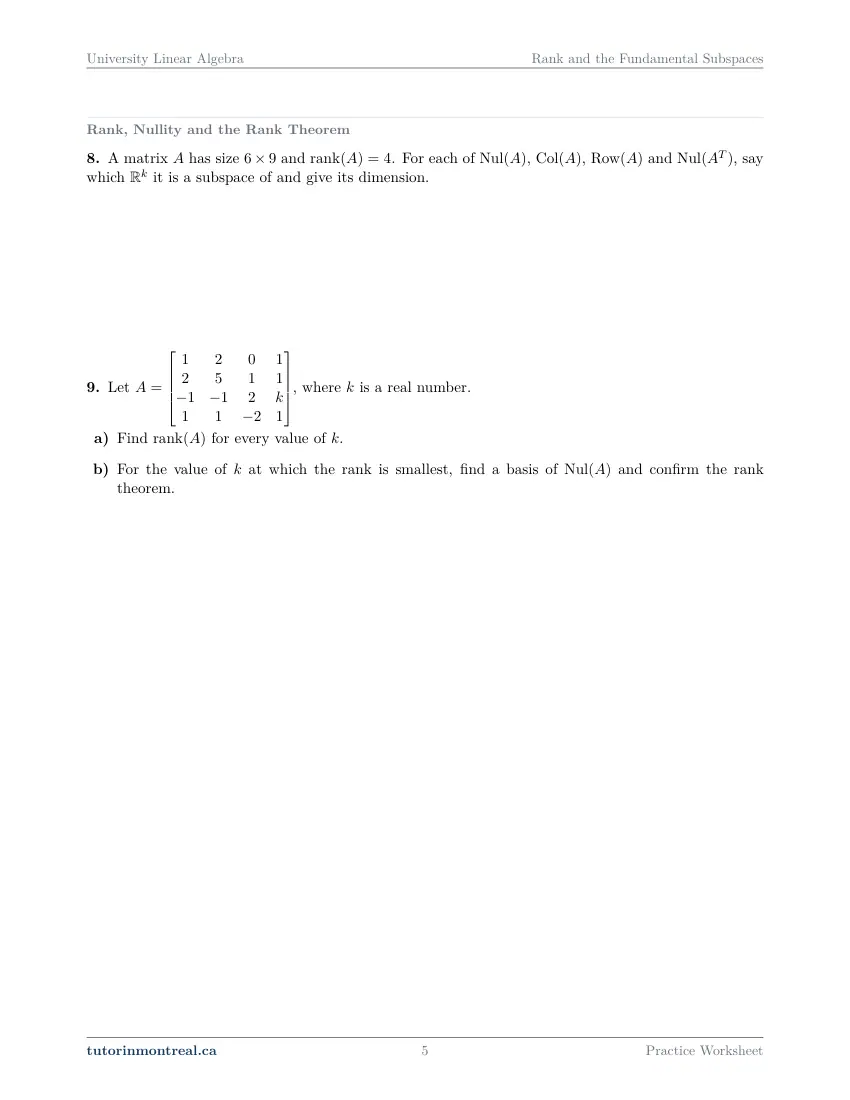 Page 5 of the University Linear Algebra Rank and the Fundamental Subspaces practice worksheet