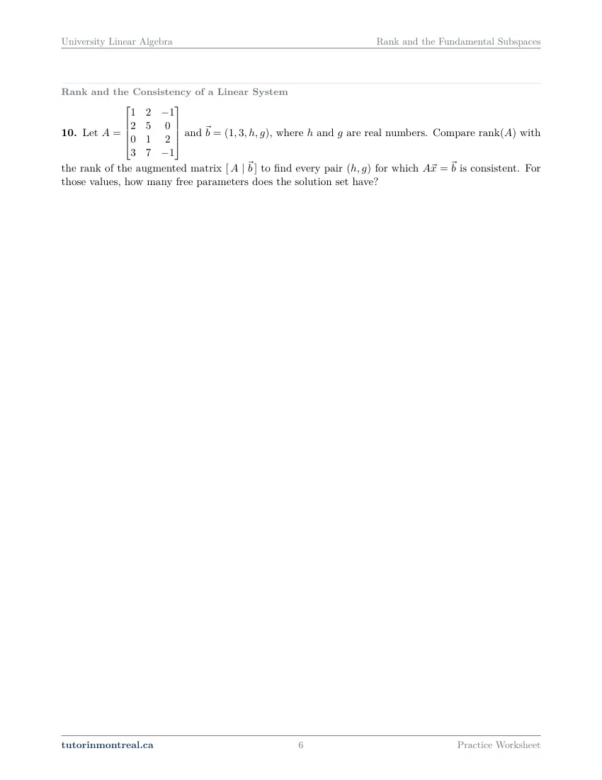 Page 6 of the University Linear Algebra Rank and the Fundamental Subspaces practice worksheet