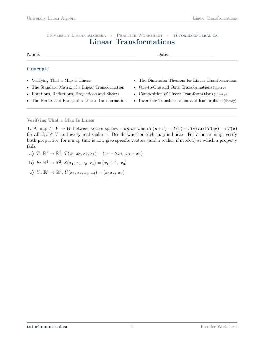 Page 1 of the University Linear Algebra Linear Transformations practice worksheet