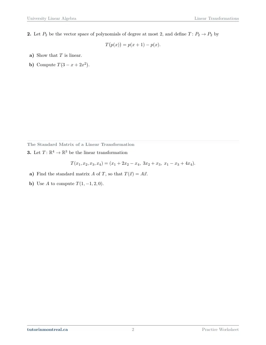 Page 2 of the University Linear Algebra Linear Transformations practice worksheet