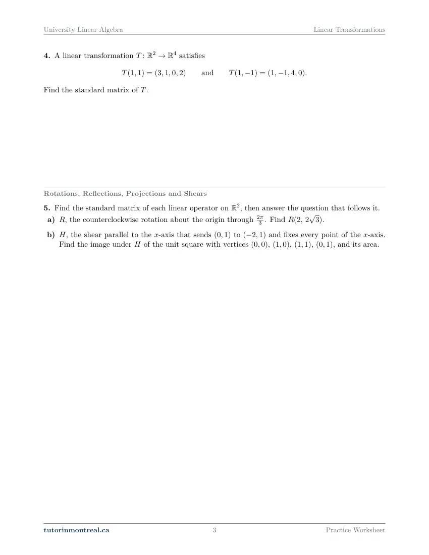 Page 3 of the University Linear Algebra Linear Transformations practice worksheet