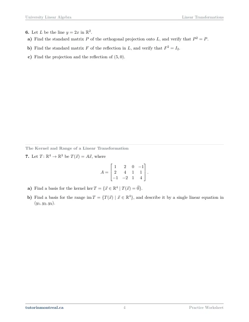Page 4 of the University Linear Algebra Linear Transformations practice worksheet