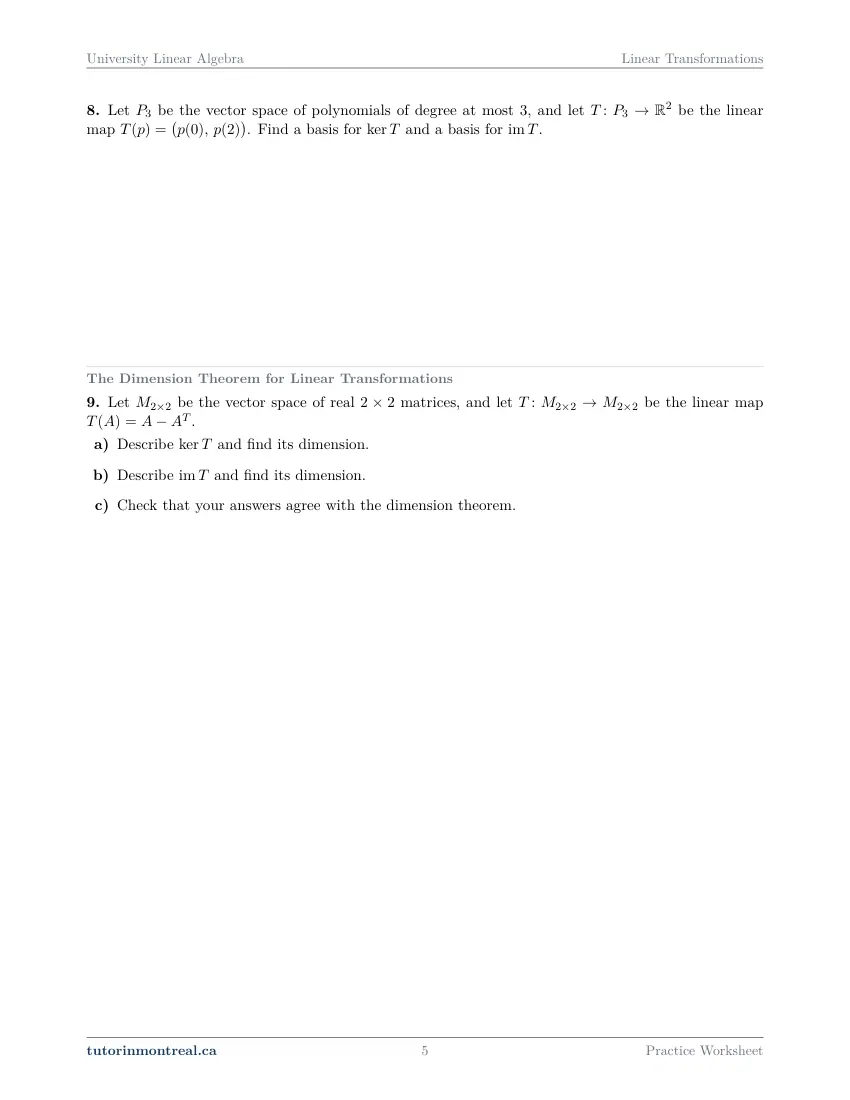 Page 5 of the University Linear Algebra Linear Transformations practice worksheet