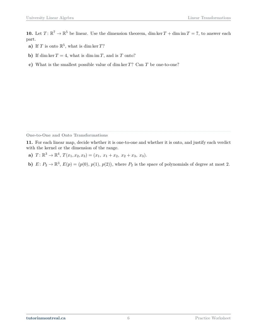 Page 6 of the University Linear Algebra Linear Transformations practice worksheet