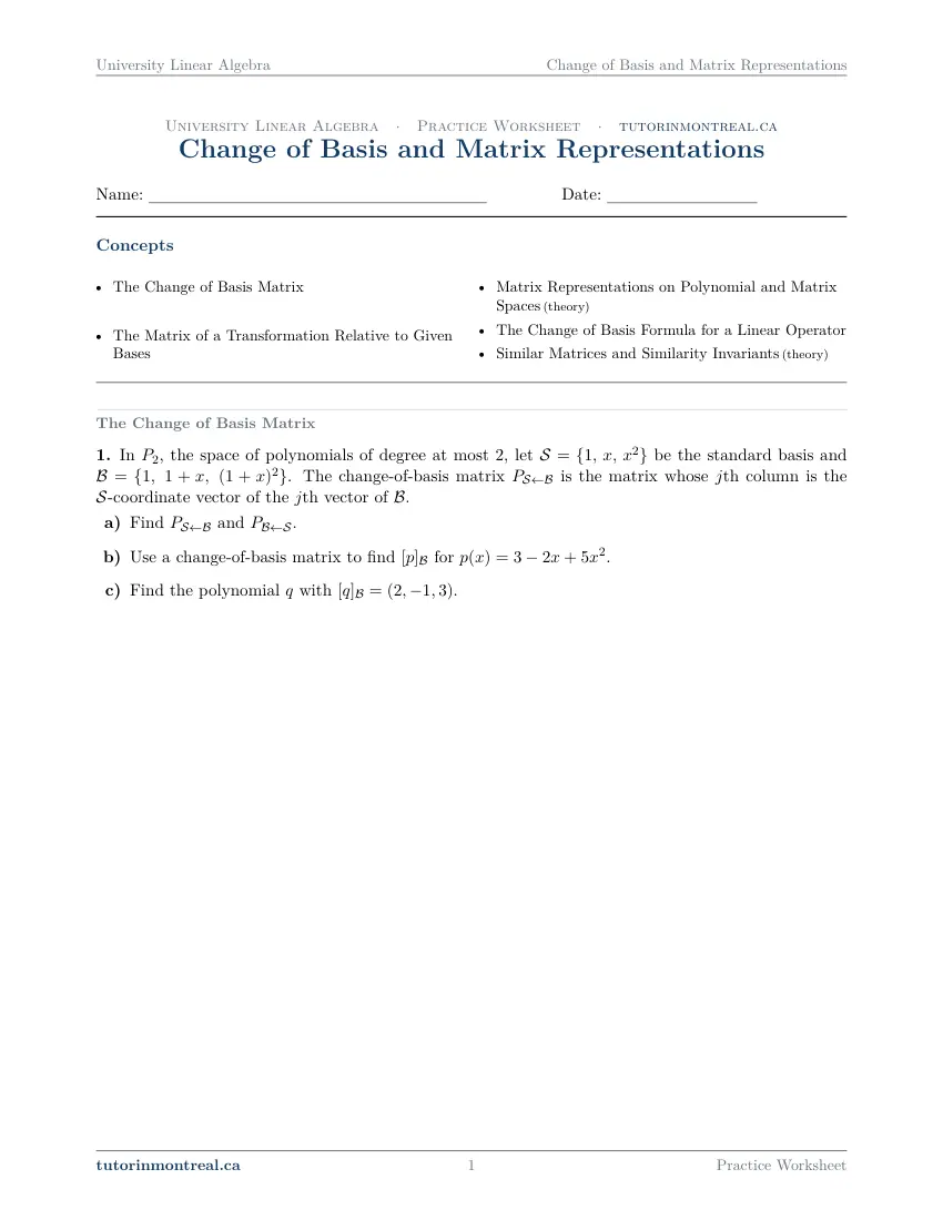 Page 1 of the University Linear Algebra Change of Basis and Matrix Representations practice worksheet