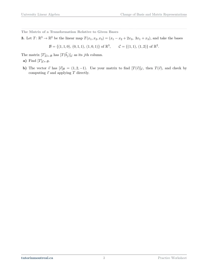 Page 3 of the University Linear Algebra Change of Basis and Matrix Representations practice worksheet