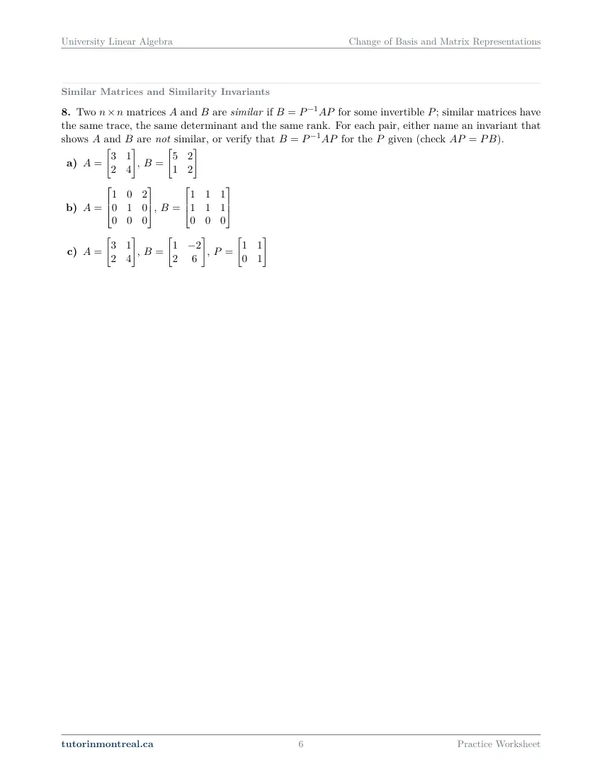 Page 6 of the University Linear Algebra Change of Basis and Matrix Representations practice worksheet