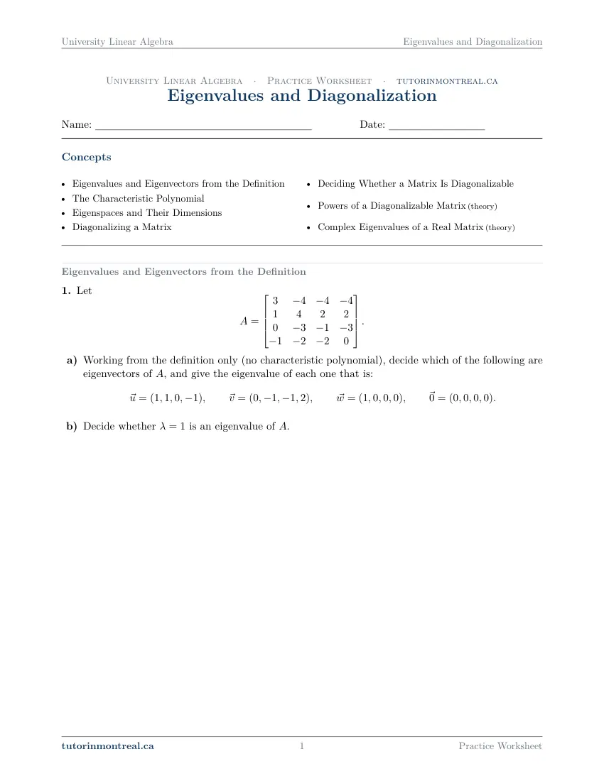 Page 1 of the University Linear Algebra Eigenvalues and Diagonalization practice worksheet