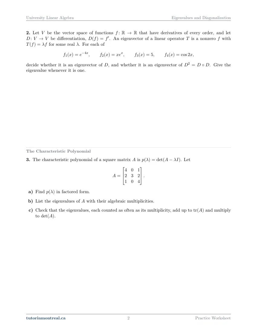 Page 2 of the University Linear Algebra Eigenvalues and Diagonalization practice worksheet