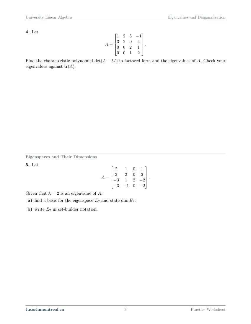 Page 3 of the University Linear Algebra Eigenvalues and Diagonalization practice worksheet