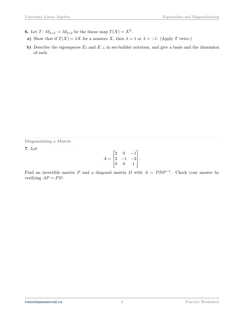 Page 4 of the University Linear Algebra Eigenvalues and Diagonalization practice worksheet