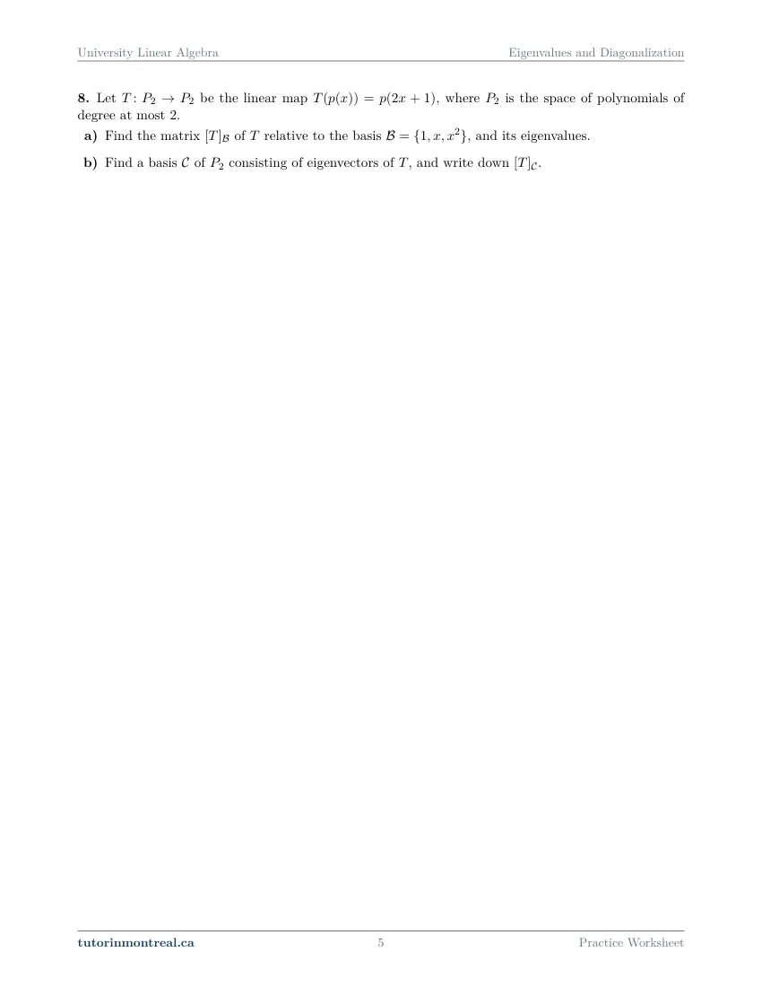 Page 5 of the University Linear Algebra Eigenvalues and Diagonalization practice worksheet