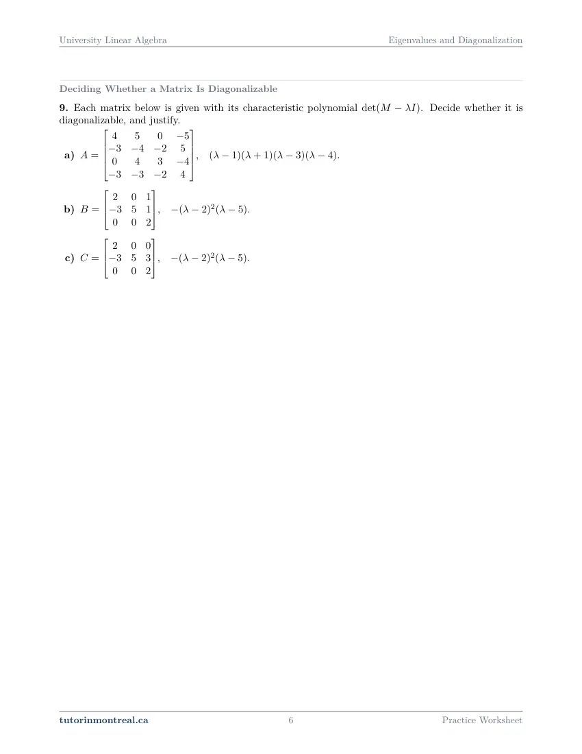 Page 6 of the University Linear Algebra Eigenvalues and Diagonalization practice worksheet