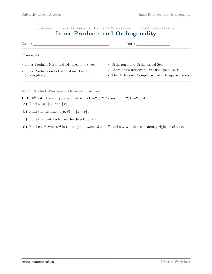 Page 1 of the University Linear Algebra Inner Products and Orthogonality practice worksheet
