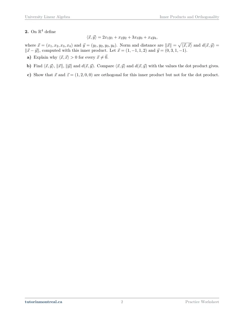 Page 2 of the University Linear Algebra Inner Products and Orthogonality practice worksheet