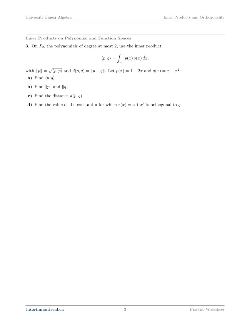 Page 3 of the University Linear Algebra Inner Products and Orthogonality practice worksheet