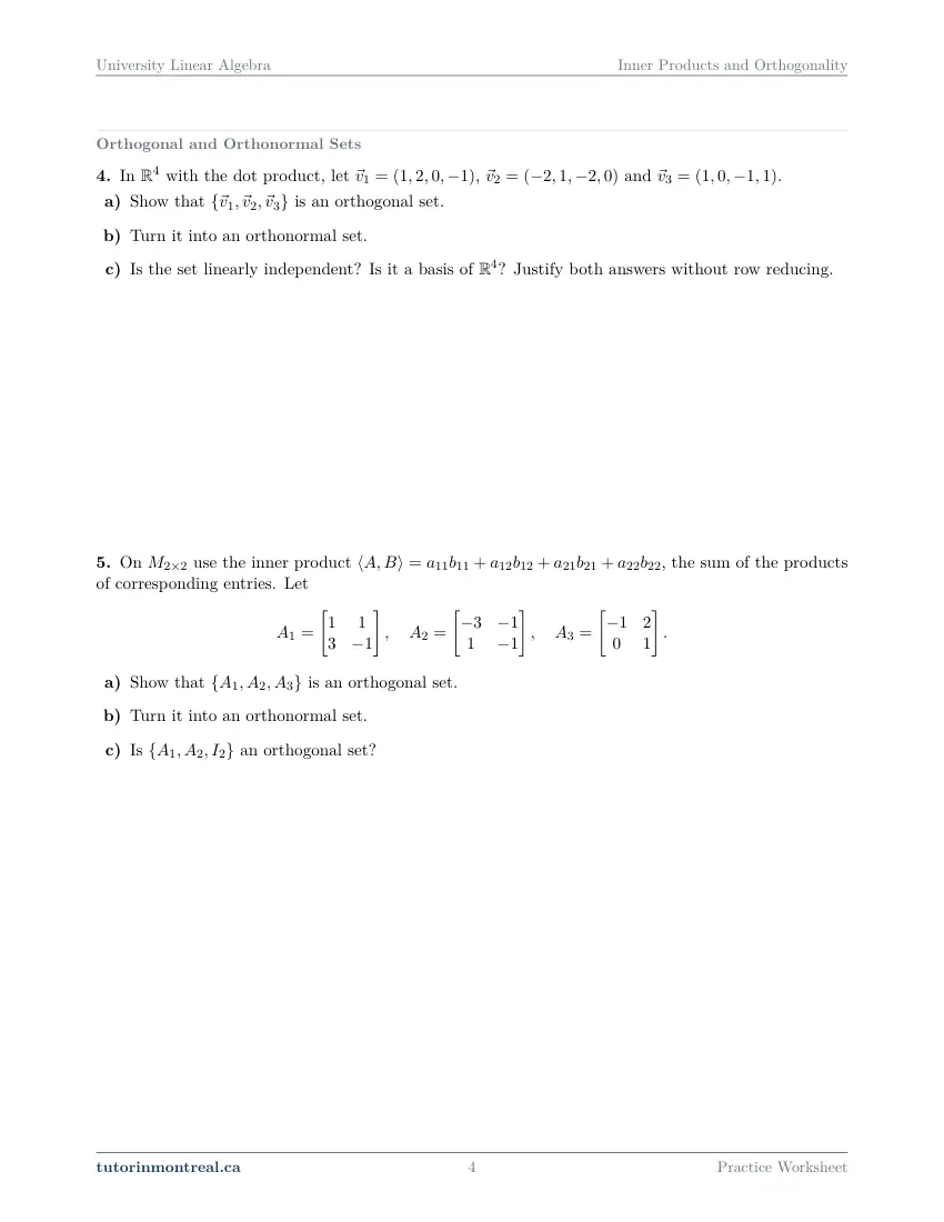 Page 4 of the University Linear Algebra Inner Products and Orthogonality practice worksheet