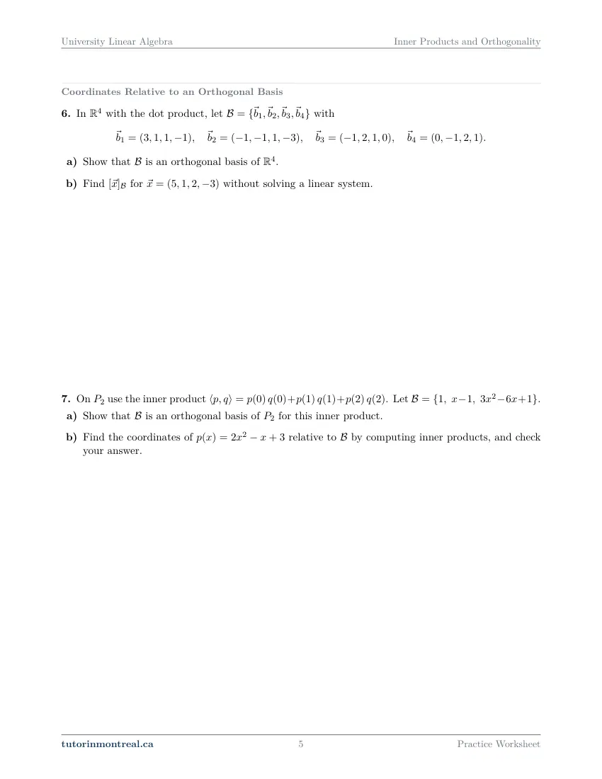 Page 5 of the University Linear Algebra Inner Products and Orthogonality practice worksheet