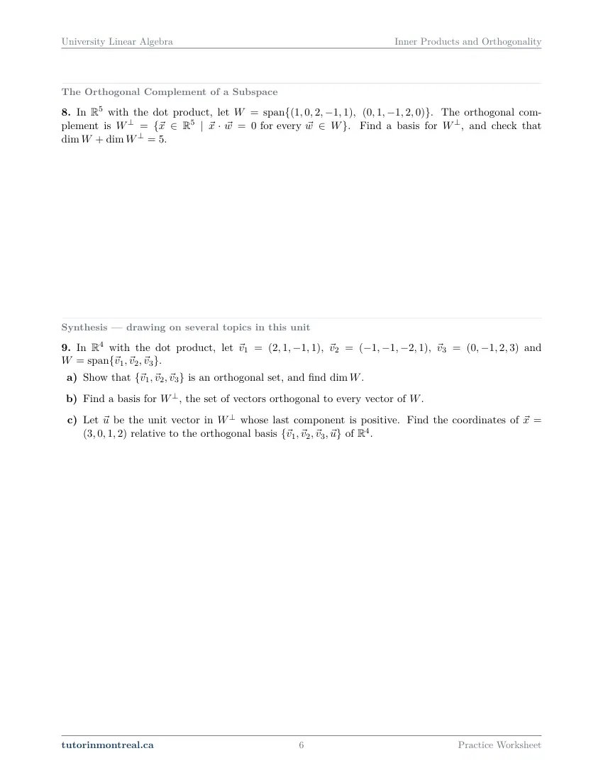 Page 6 of the University Linear Algebra Inner Products and Orthogonality practice worksheet