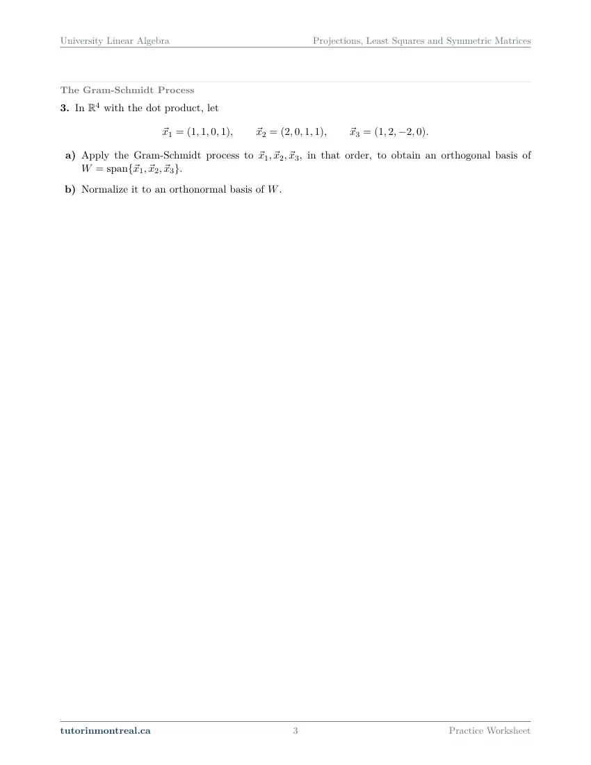 Page 3 of the University Linear Algebra Projections, Least Squares and Symmetric Matrices practice worksheet