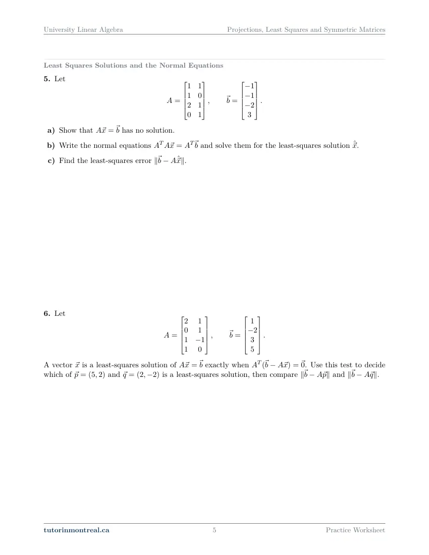 Page 5 of the University Linear Algebra Projections, Least Squares and Symmetric Matrices practice worksheet