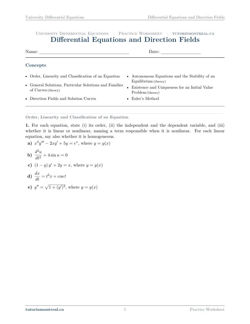 Page 1 of the University Differential Equations Differential Equations and Direction Fields practice worksheet